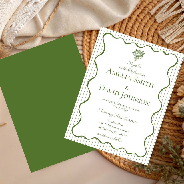 Chic  Wavy Boarder Stripe  Green Wedding  Invitation (Creator Uploaded)