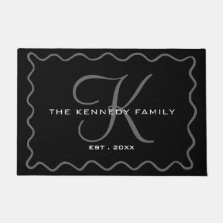 Chic Wavy Frame Family Name Monogrammed Black Doormat