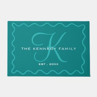 Chic Wavy Frame Family Name Monogrammed Teal Doormat