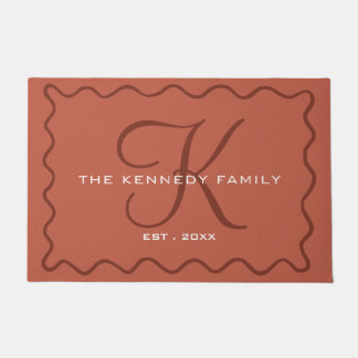 Chic Wavy Frame Family Name Monogrammed Terracotta Doormat