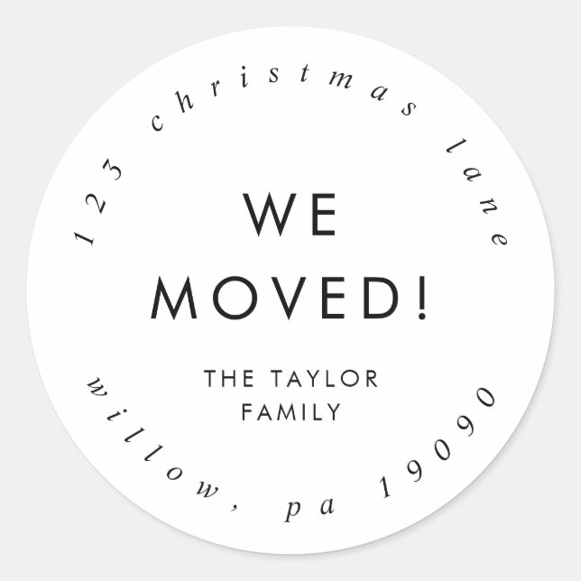 Chic We Moved Circular Return Address Classic Round Sticker (Front)