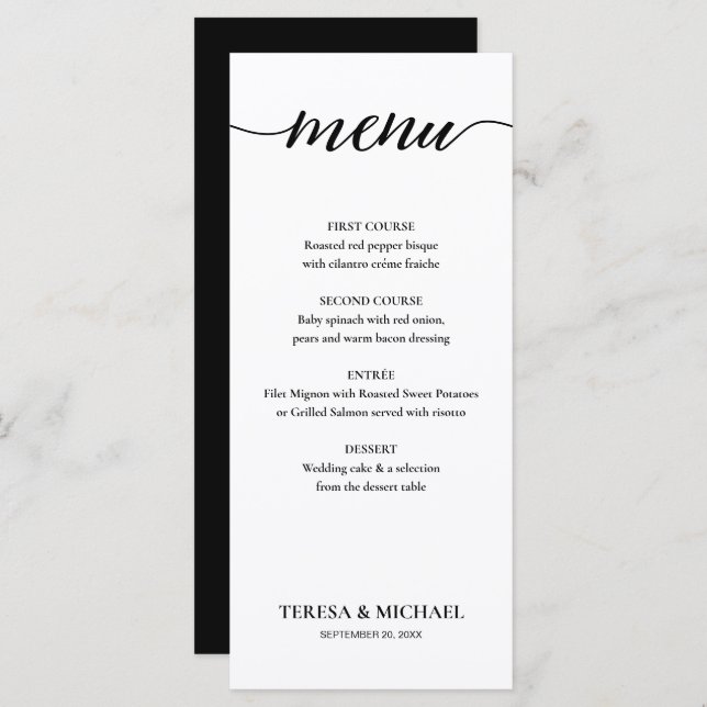 Chic Wedding Black and white Simple Editable Menu (Front/Back)