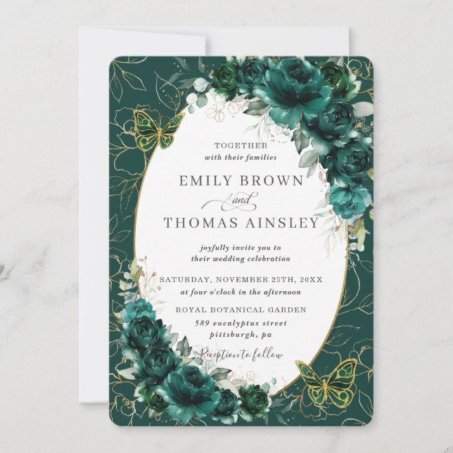 Chic Wedding Emerald Green Gold Floral Butterflies Invitation (Front)
