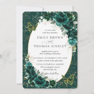 Chic Wedding Emerald Green Gold Floral Butterflies Invitation
