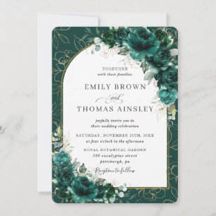 Chic Wedding Emerald Green Roses Floral Gold Arch Invitation