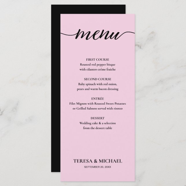 Chic Wedding Pink Black and white Simple Editable Menu (Front/Back)