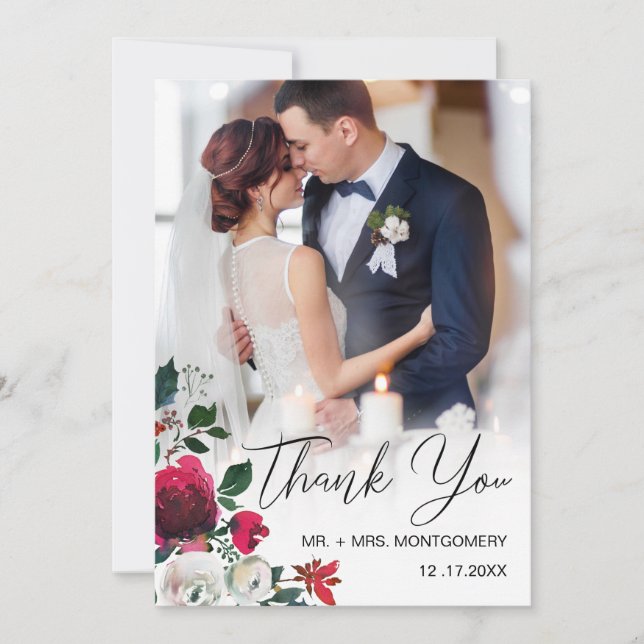 Chic Wedding Red Floral Rose Black Script Photo Thank You Card (Front)
