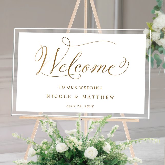 Chic Wedding Welcome White and Gold Acrylic Sign (Creator Uploaded)