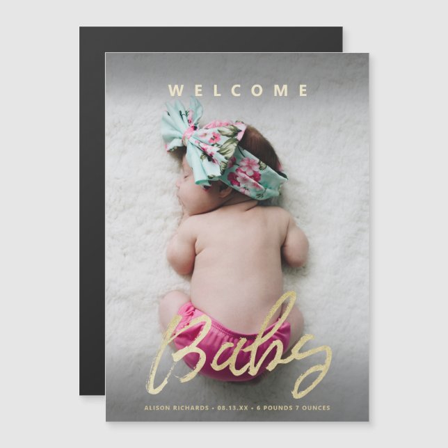 Chic Welcome Baby Gold Brush Script with Picture Magnetic Invitation (Front/Back)
