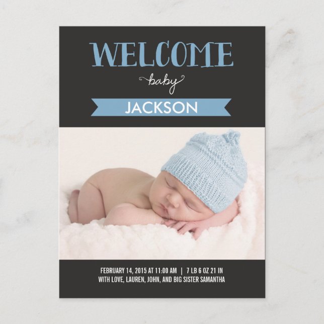 Chic Welcome Birth Announcement - Blue Postcard (Front)
