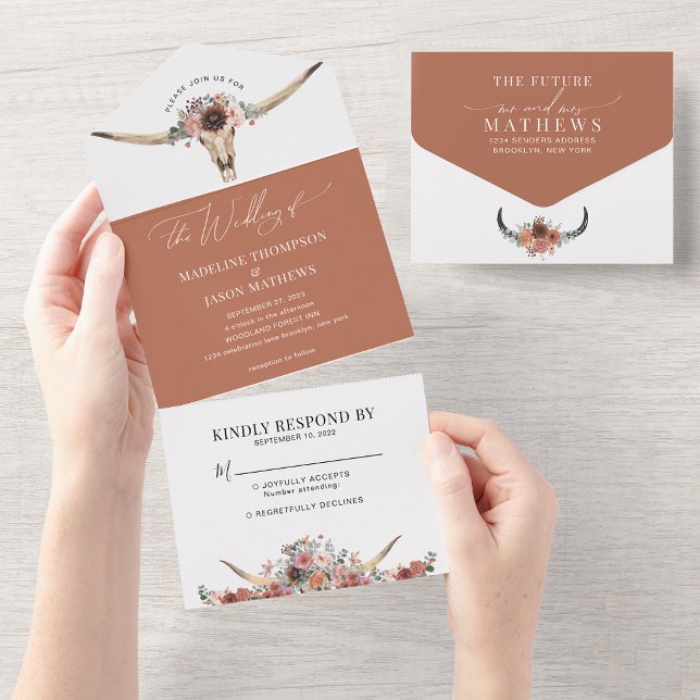 Chic Western Bohemian Floral Cow Skull Wedding All In One Invitation (Creator Uploaded)