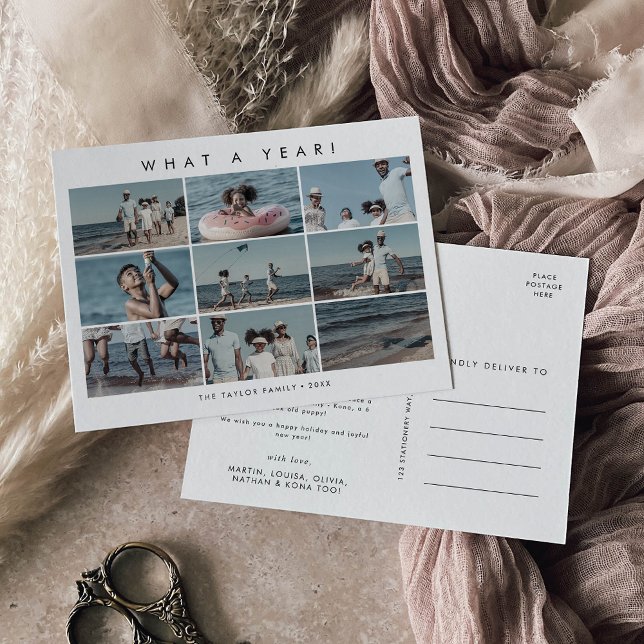 Chic What A Year 10 Photo Collage Christmas Holiday Postcard (Creator Uploaded)