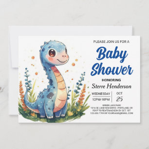 Chic Whimsical Blue Dinosaur Boy Baby Shower Invitation