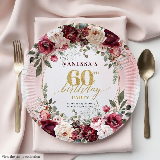 Chic Whimsical Boho Burgundy Eucalyptus Gold 60th Paper Plate (Whimsical Boho Burgundy Eucalyptus Gold 60th Plates)