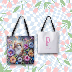 Chic Whimsical Cat Flower Garden Monogram Tote Bag