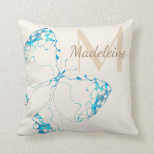 Chic Whimsical Elegant Blue Butterfly Monogram Cushion