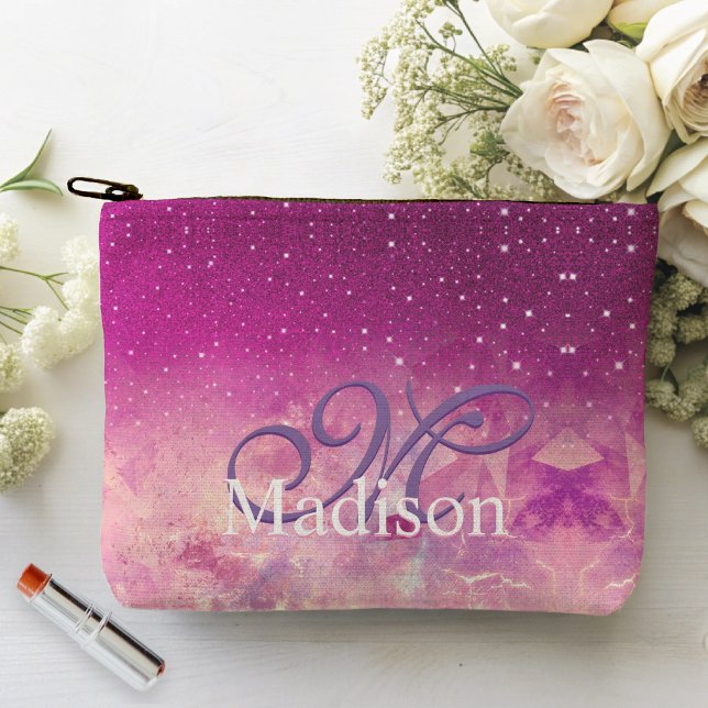 Chic whimsical pink fuchsia ombre glitter monogram accessory pouch (Creator Uploaded)