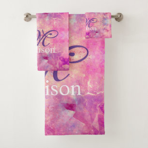 Chic whimsical pink fuchsia ombre glitter monogram bath towel set
