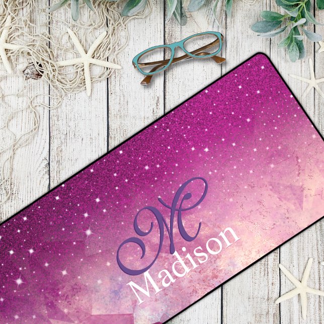 Chic whimsical pink fuchsia ombre glitter monogram desk mat (Creator Uploaded)