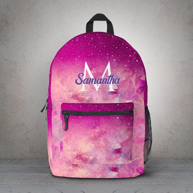 Chic whimsical pink fuchsia ombre glitter monogram printed backpack (Creator Uploaded)