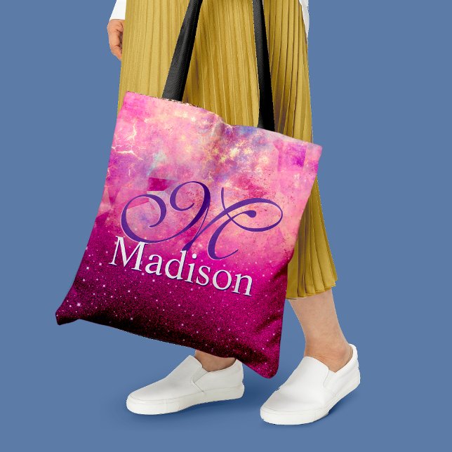 Chic whimsical pink fuchsia ombre glitter monogram tote bag (Creator Uploaded)