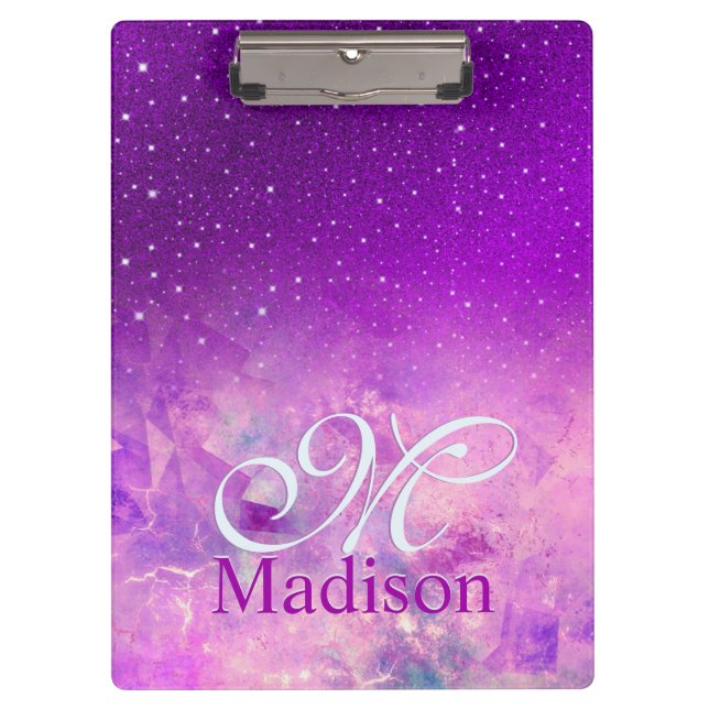Chic whimsical pink purple ombre glitter monogram clipboard (Front)