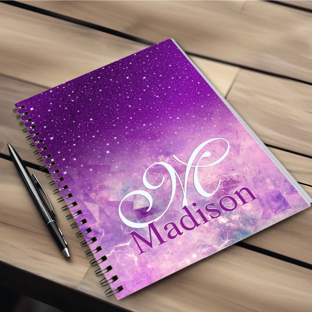 Chic whimsical pink purple ombre glitter monogram notebook (Creator Uploaded)