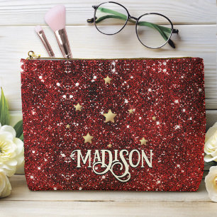 Chic whimsical red black glitter monogram  accessory pouch