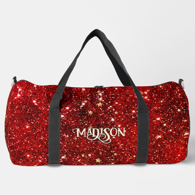 Chic whimsical red black glitter monogram duffle bag (Front)