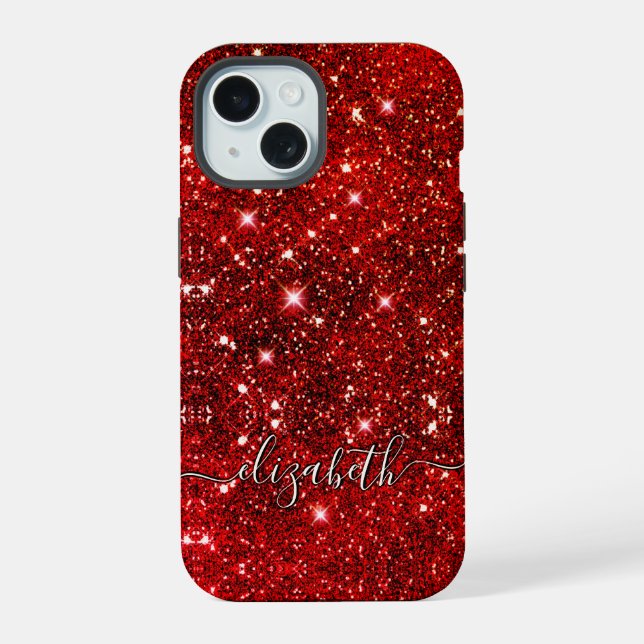 Chic whimsical red black glitter monogram  iPhone 15 case (Back)