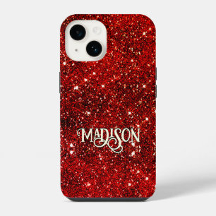 Chic whimsical red black glitter monogram iPhone 14 case