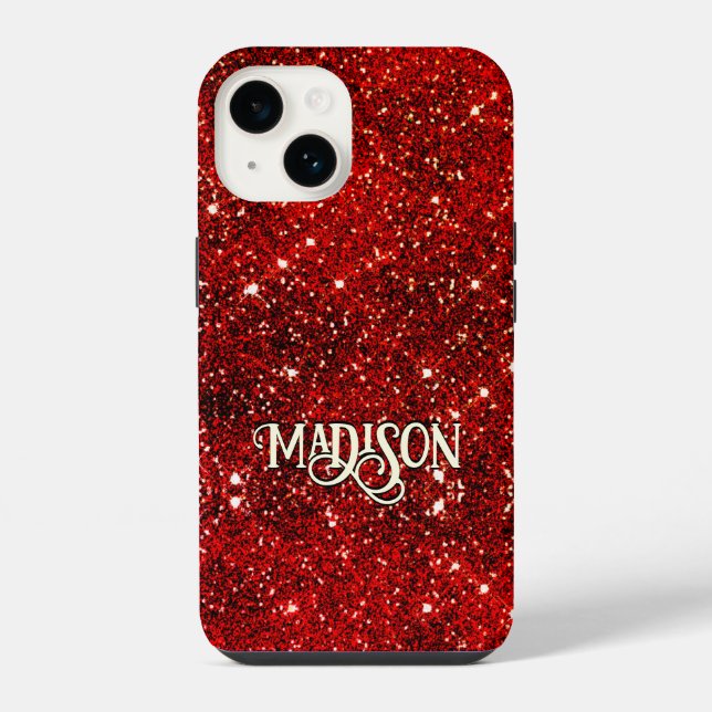 Chic whimsical red black glitter monogram  iPhone case (Back)