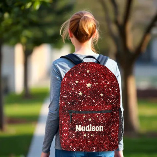 Chic whimsical red black glitter monogram  printed backpack (Creator Uploaded)