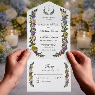 Chic Whimsical Vintage Floral monogram wedding All In One Invitation