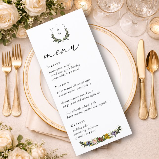 Chic Whimsical Vintage Floral monogram wedding  Menu (Creator Uploaded)