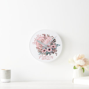 Chic Whimsical White Pink Pumpkin Floral Round Clock