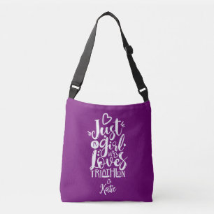 Chic Whimsycal Triathlon Purple White Calligraphy Crossbody Bag