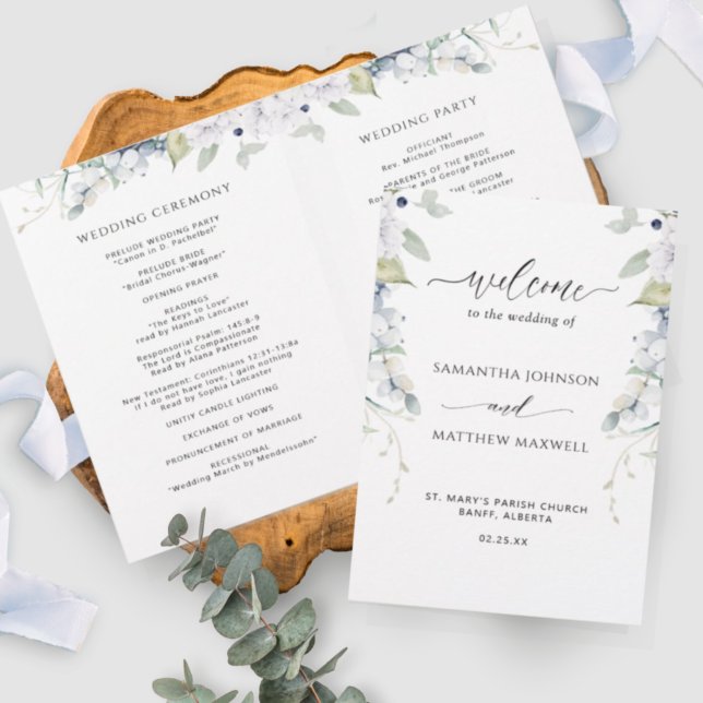 Chic White and Blue Floral Folded Wedding Program (Creator Uploaded)
