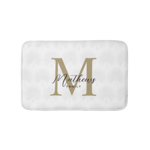 Chic White and Gold Anahaw Leaf Script Monogram Bath Mat
