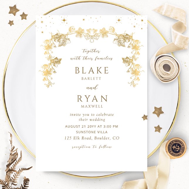 Chic White and Gold Enchanting Celestial Wedding  Invitation (Creator Uploaded)