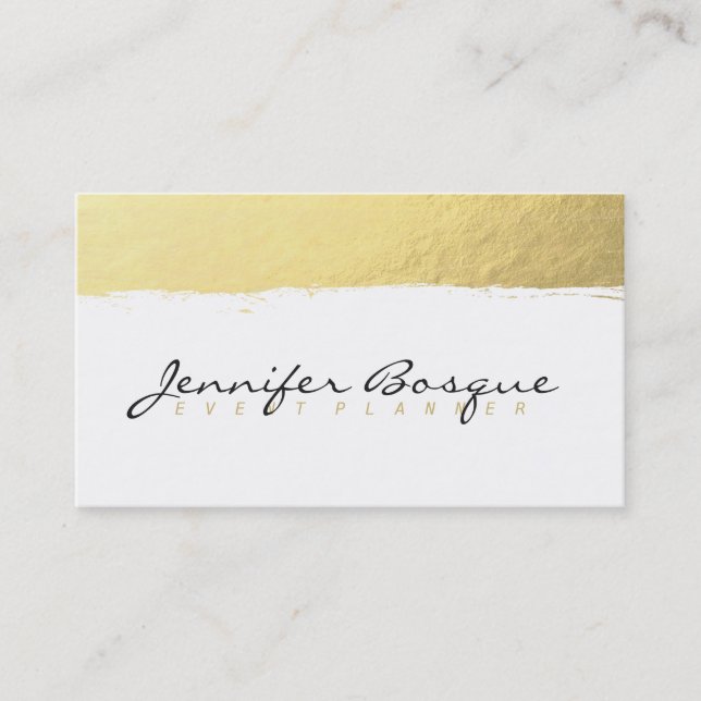 Chic white and gold faux foil modern brush stroke business card (Front)