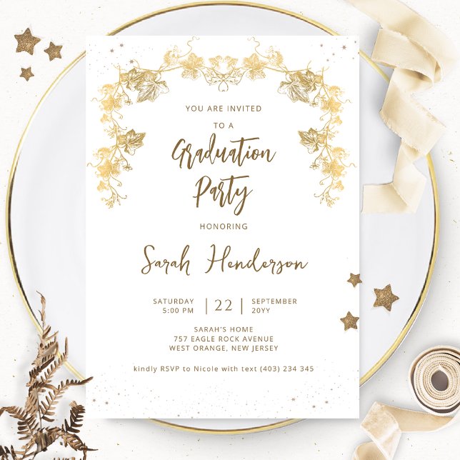 Chic White and Gold Starry Night Graduation Party Invitation (Creator Uploaded)