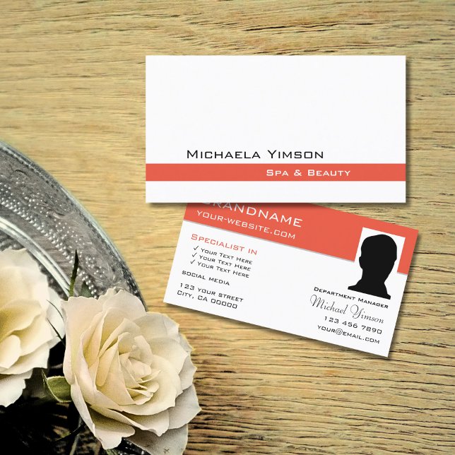 Chic White and Salmon with Photo Professional Business Card (Creator Uploaded)