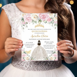 Chic White Baby Pink Roses Floral Girl Quinceañera Invitation