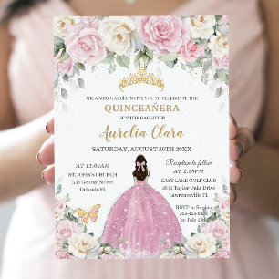 Chic White Baby Pink Roses Floral Gold Quinceañera Invitation