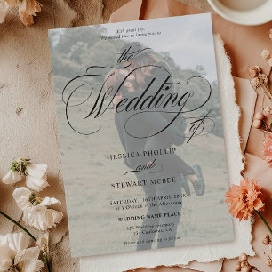 Chic white black 2 photos calligraphy wedding invitation