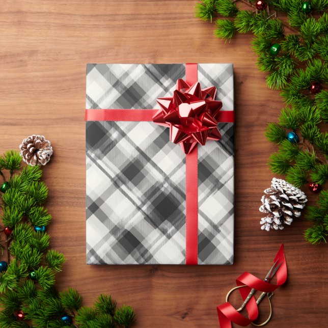Chic White Black Monochrome Ivory Plaid Pattern Wrapping Paper (Holiday Gift)