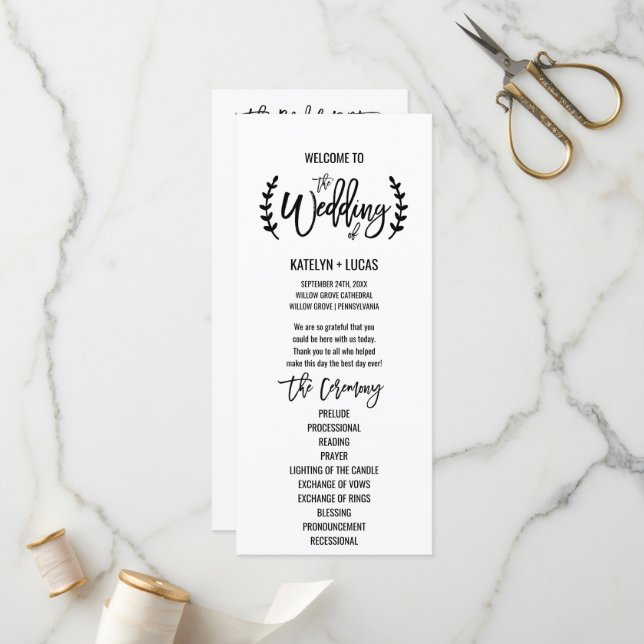 Chic White Black Olive Branches Wedding Program (Front/Back In Situ)