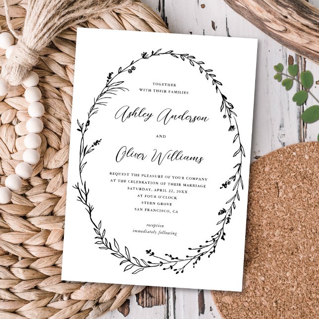 Chic White Black Rustic Wildflower Wreath Wedding Invitation (Creator Uploaded)