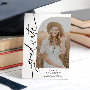 Chic White & Black Script Arch Graduation Photo Announcement